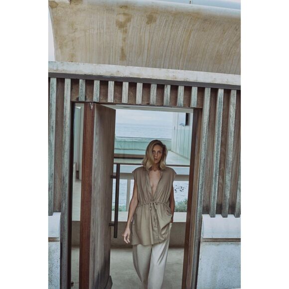 Khaki Brown Zara Collared Button Down Drawstring Waist Sleeveless Tunic Top, NWT - Picture 5 of 6